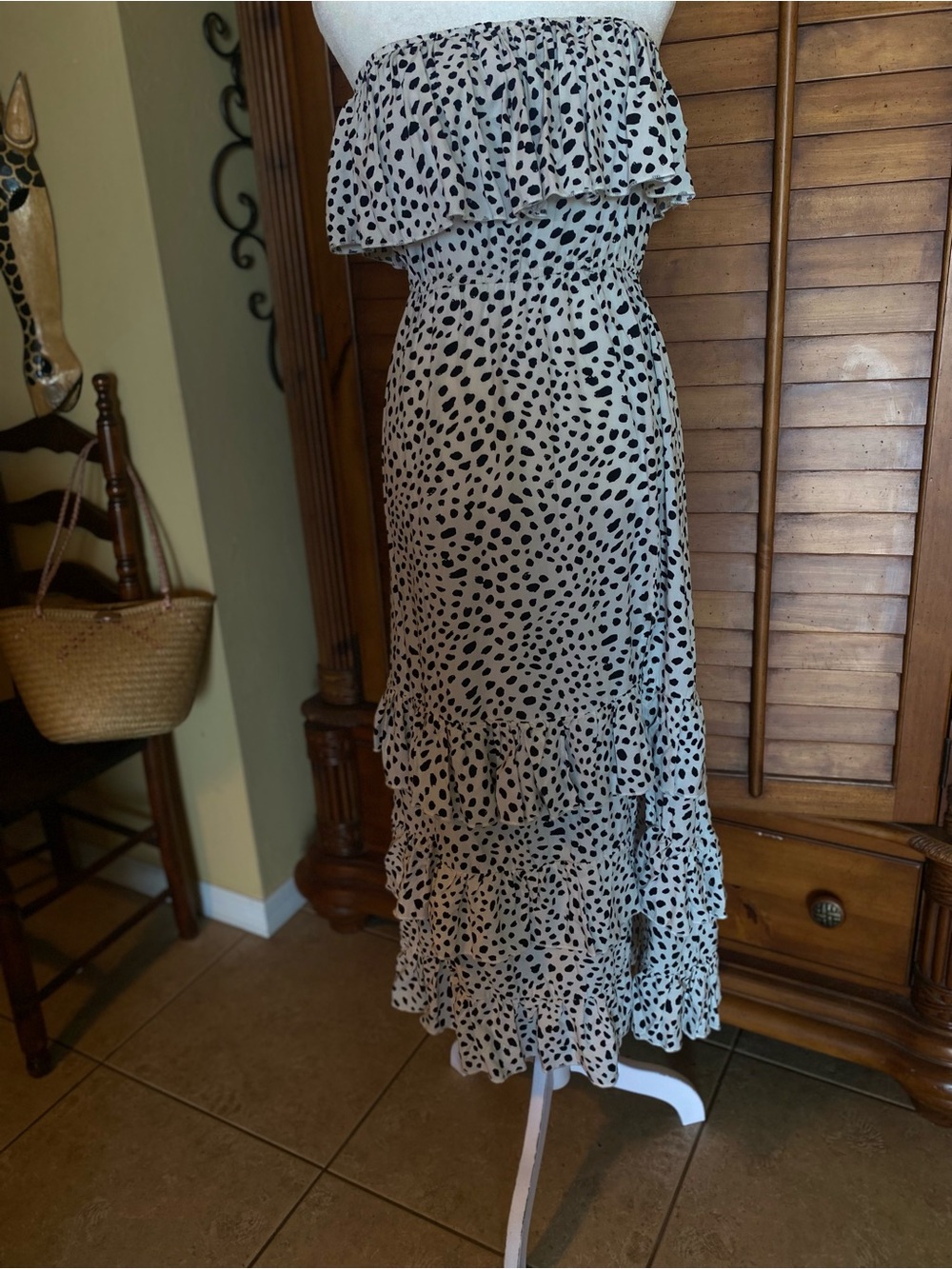 Polka Dot Strapless Ruffle Maxi Dress in Cream and Black